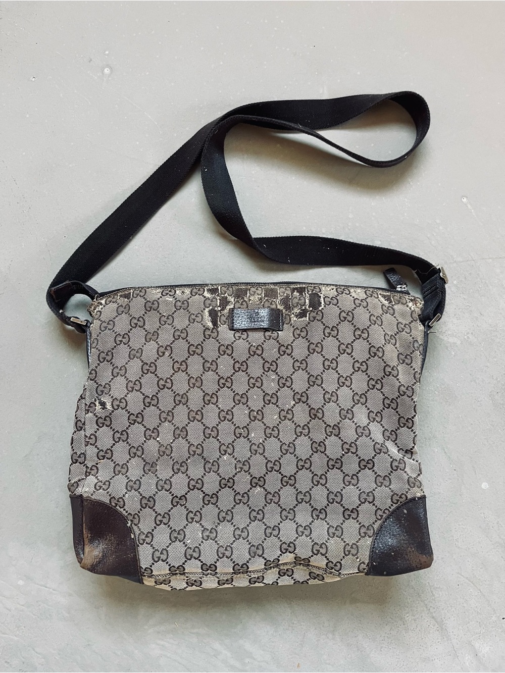 Gucci Major Project Repair Zip Top Logo Brown Large Canvas Messenger Tote Bag
